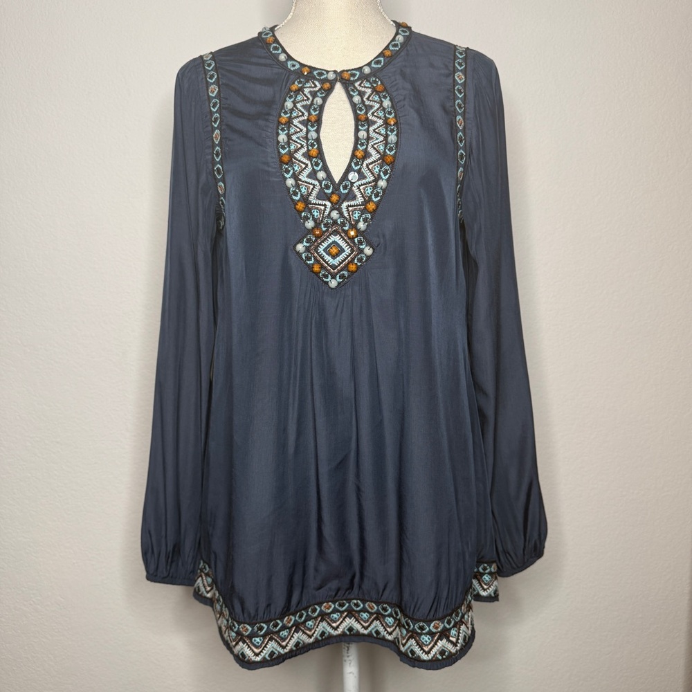 Double D Ranch Blouse El Bolson Blue Embroidered Keyhole Long Sleeve Boho Size S